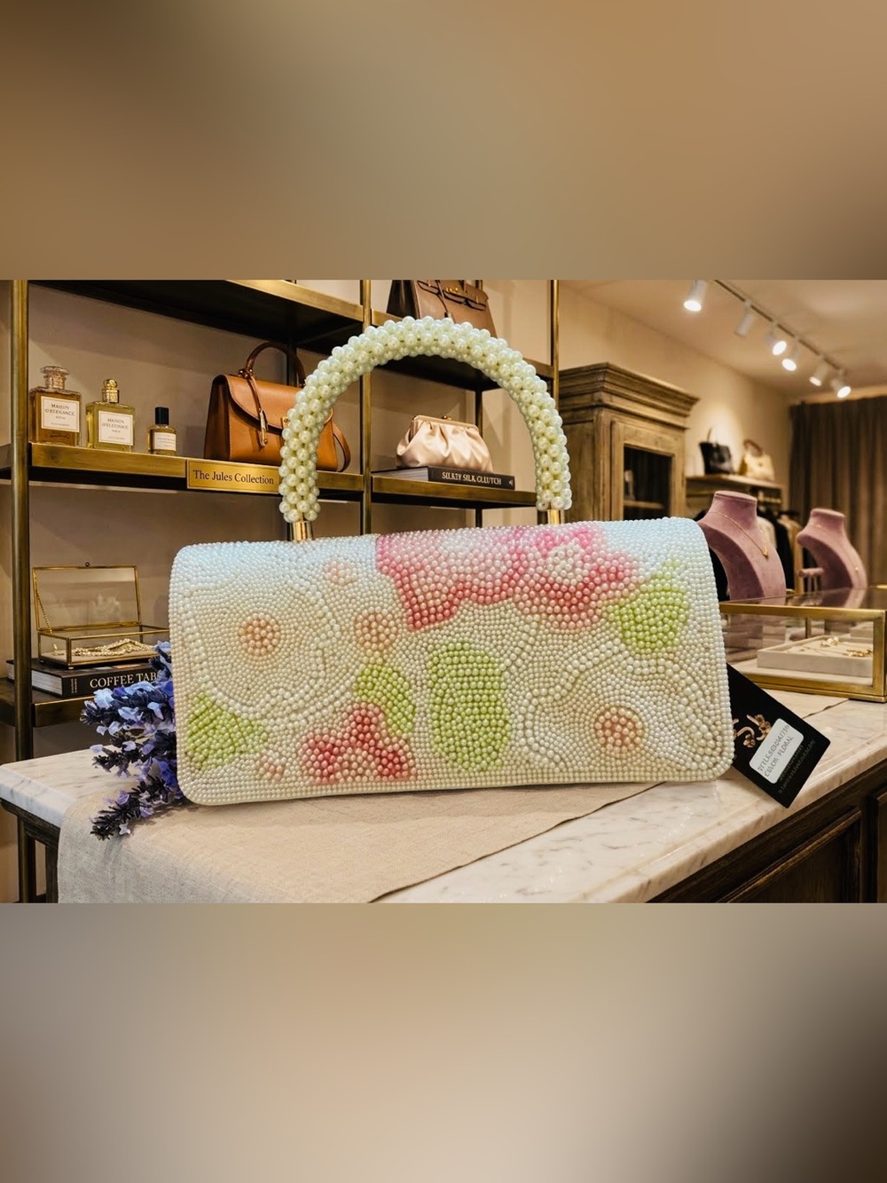 Pearl Floral Beaded Top-Handle Clutch in Cream and Pink